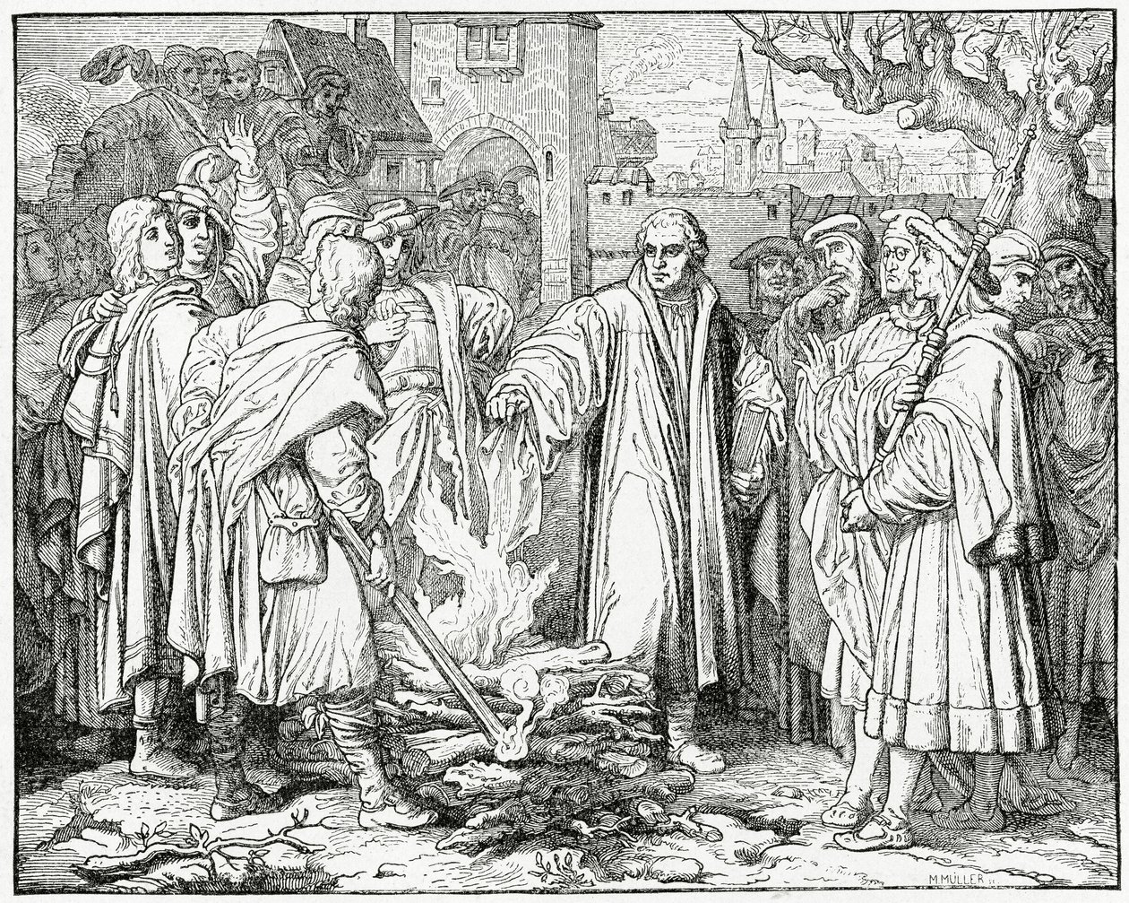 Luther bränner påvens tjur 1520, 1882 av English School