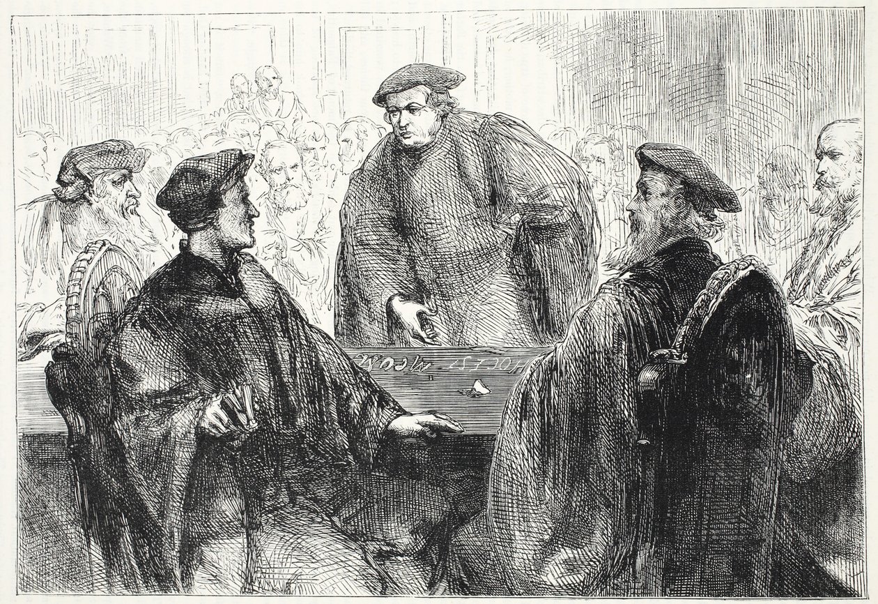 Luther och Zwingle diskuterar i Marburg, illustration från The History of Protestantism av James Aitken Wylie (1808-1890), pub. 1878 av English School
