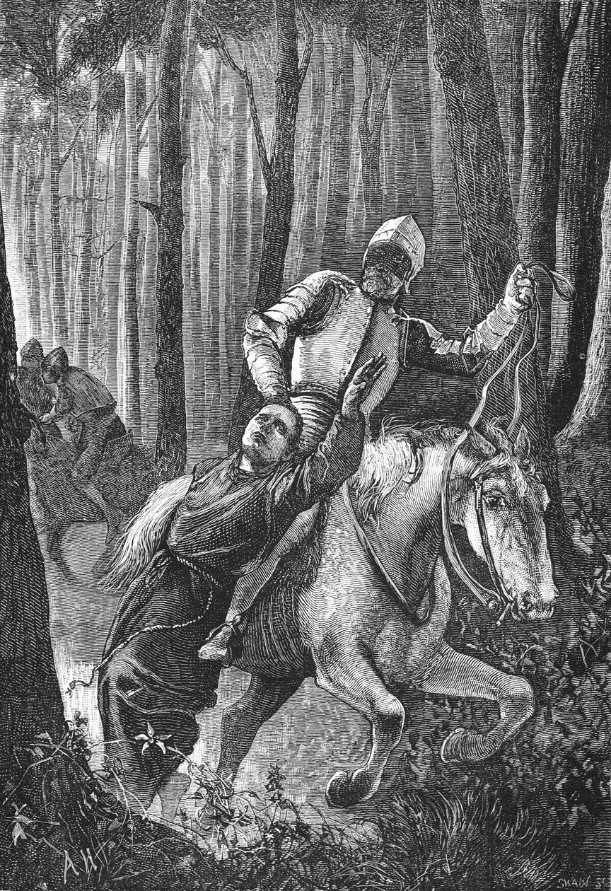 Luther attackerad av maskerade ryttare i Thüringer Wald, illustration från The History of Protestantism av James Aitken Wylie (1808-1890), pub. 1878 av English School