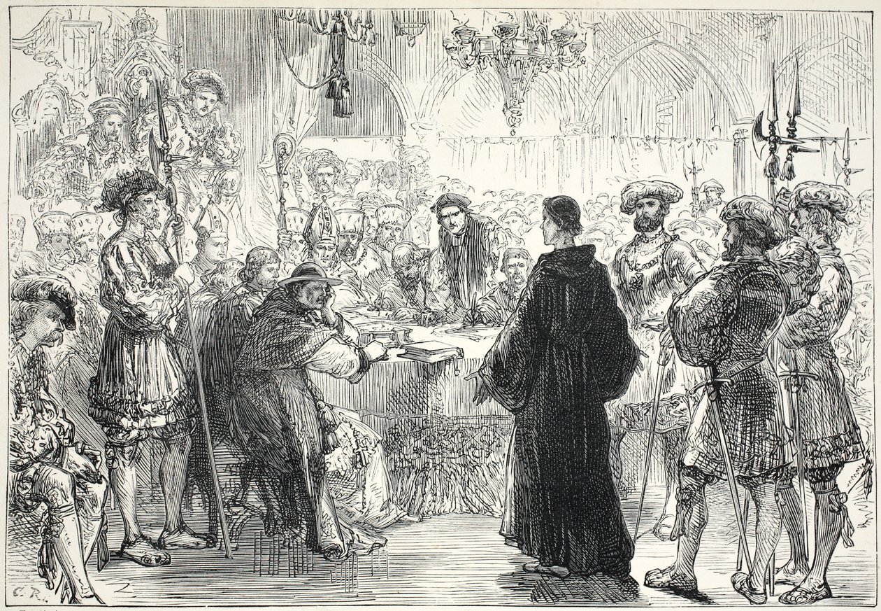 Luther före dieten i Worms, illustration från The History of Protestantism av James Aitken Wylie (1808-1890), pub. 1878 av English School
