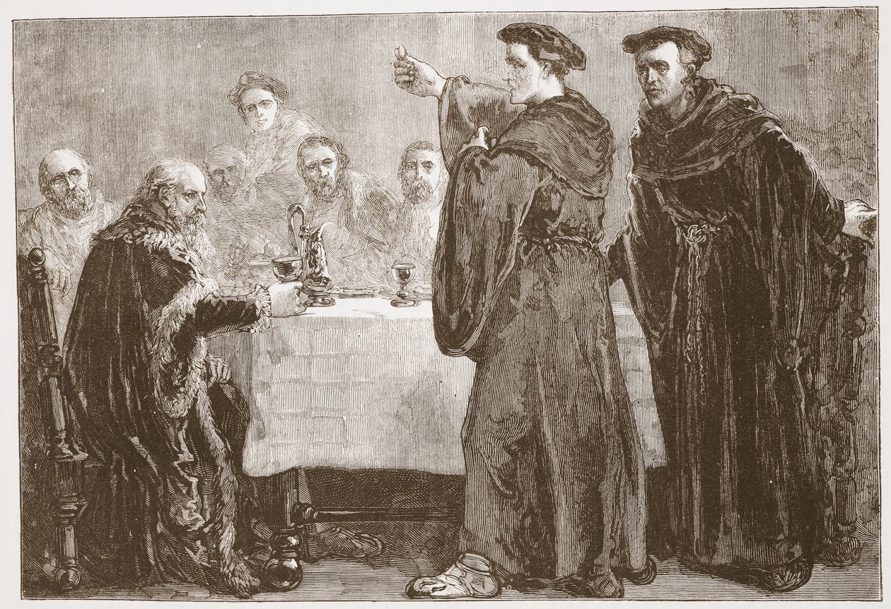 Luther utmanar Carlstadt att skriva mot honom, illustration från The History of Protestantism av James Aitken Wylie (1808-1890), pub. 1878 av English School