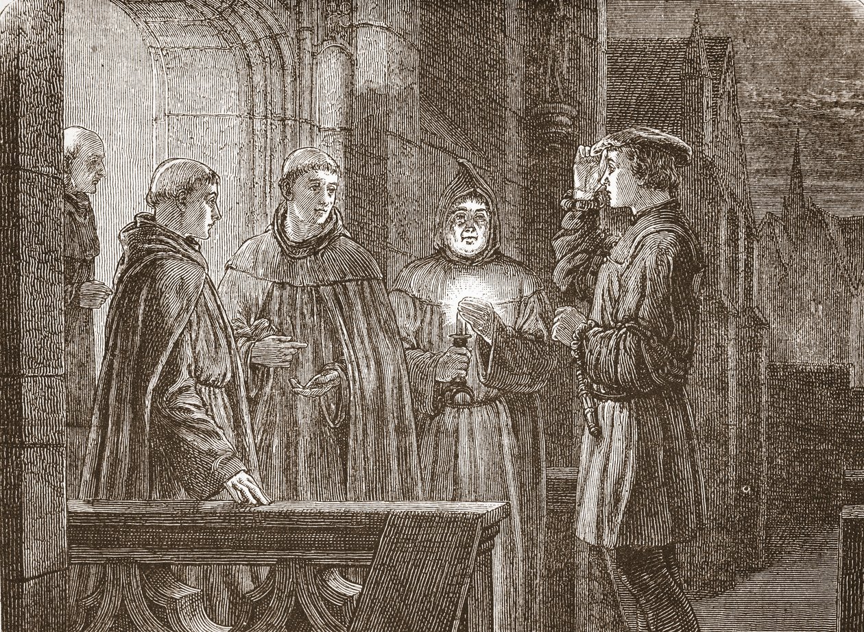 Luther går in i Augustinerklostret, illustration från The History of Protestantism av James Aitken Wylie (1808-1890), pub. 1878 av English School