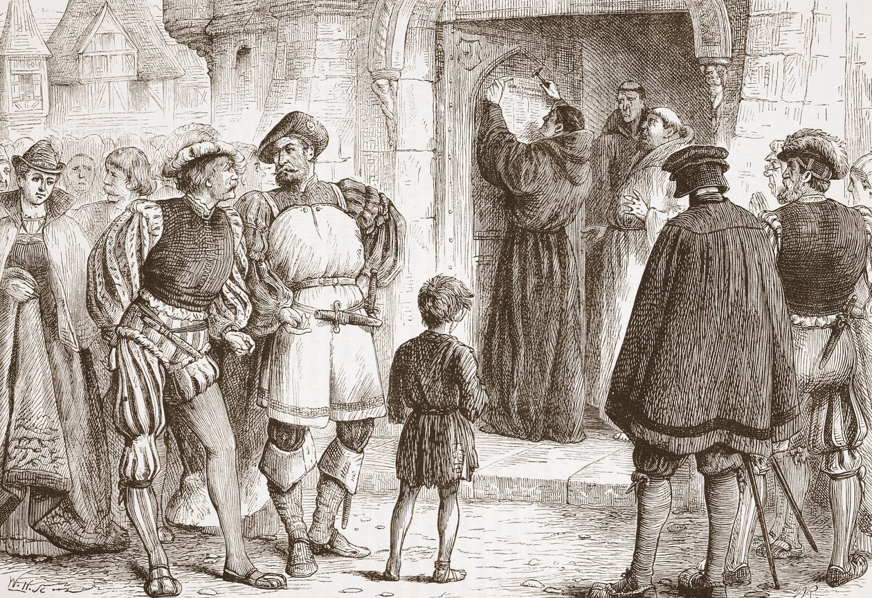 Luther spikade sina teser på dörren till Schloss-Kirk i Wittemberg, illustration från The History of Protestantism av James Aitken Wylie (1808-1890), pub. 1878 av English School
