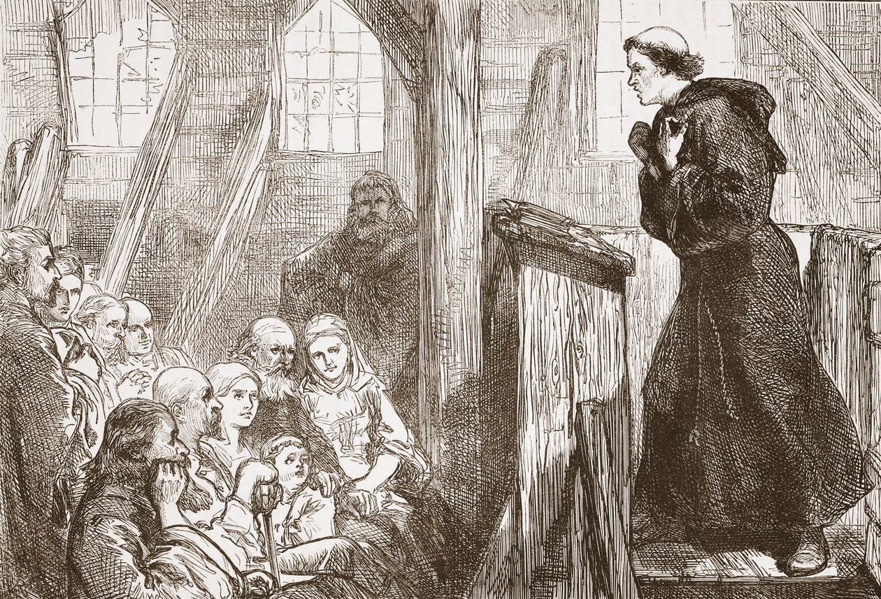 Luther predikar i den gamla träkyrkan i Wittenberg, illustration från The History of Protestantism av James Aitken Wylie (1808-1890), pub. 1878 av English School