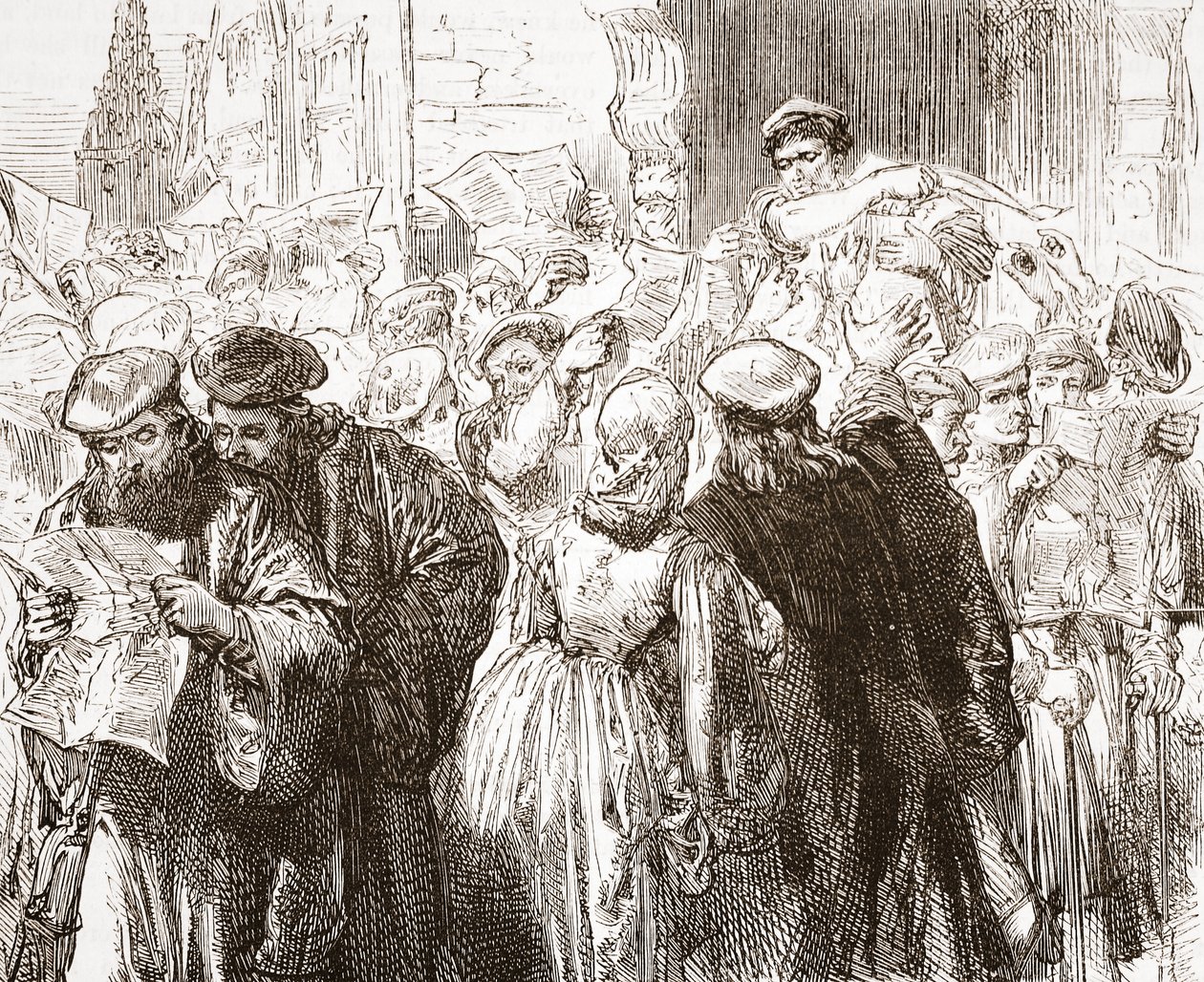 Luthers broschyr: scen på tryckeriet, illustration från The History of Protestantism av James Aitken Wylie (1808-1890), pub. 1878 av English School