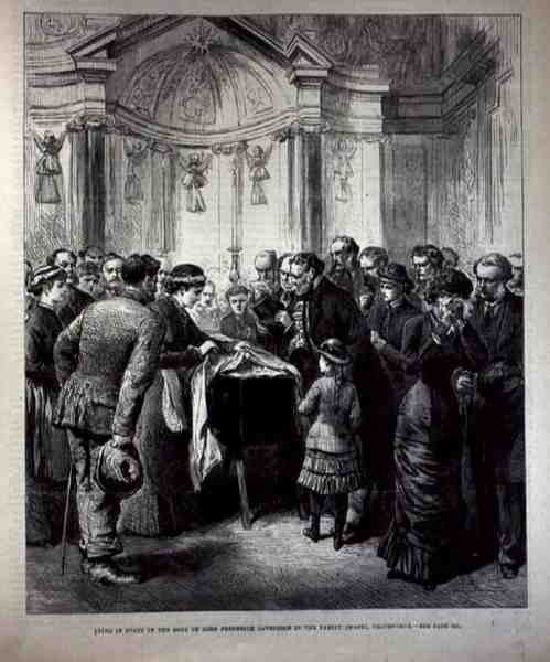 Ligger i staten, Lord Frederick Cavendishs (1836-82) kropp i Family Chapel, Chatsworth, från The Illustrated London News, 20 maj 1882 av English School