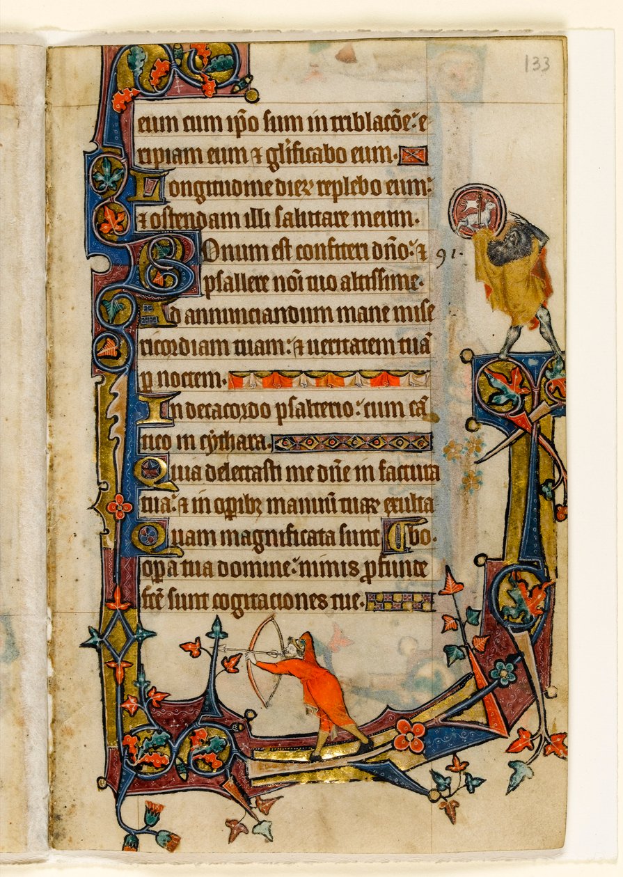 MS 1-2005, fol. 133r: An Archer och St. John the Baptist, marginaldekoration från Macclesfield Psalter, Use of Sarum, East Anglia, ca 1330 av English School