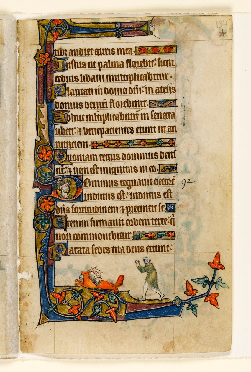 MS 1-2005, fol. 134r: En räv springer iväg med bondens frus anka, marginaldekoration från Macclesfield Psalter, Use of Sarum, East Anglia, ca 1330 av English School