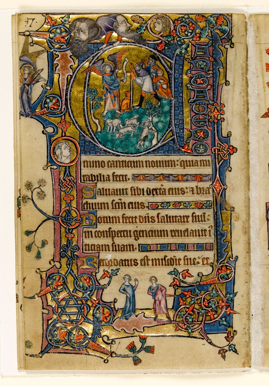 MS 1-2005, fol. 139v: The Annunciation to the Shepherds, historisk initial från Macclesfield Psalter, Use of Sarum, East Anglia, ca 1330 av English School