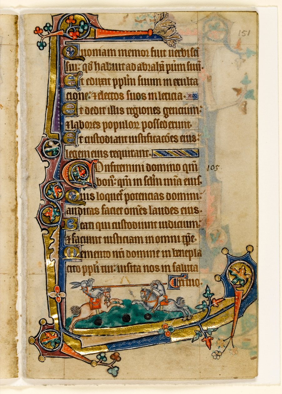 MS 1-2005, fol. 151r: A Hound and Rabbit Jousting, marginaldekoration från Macclesfield Psalter, Use of Sarum, East Anglia, ca 1330 av English School