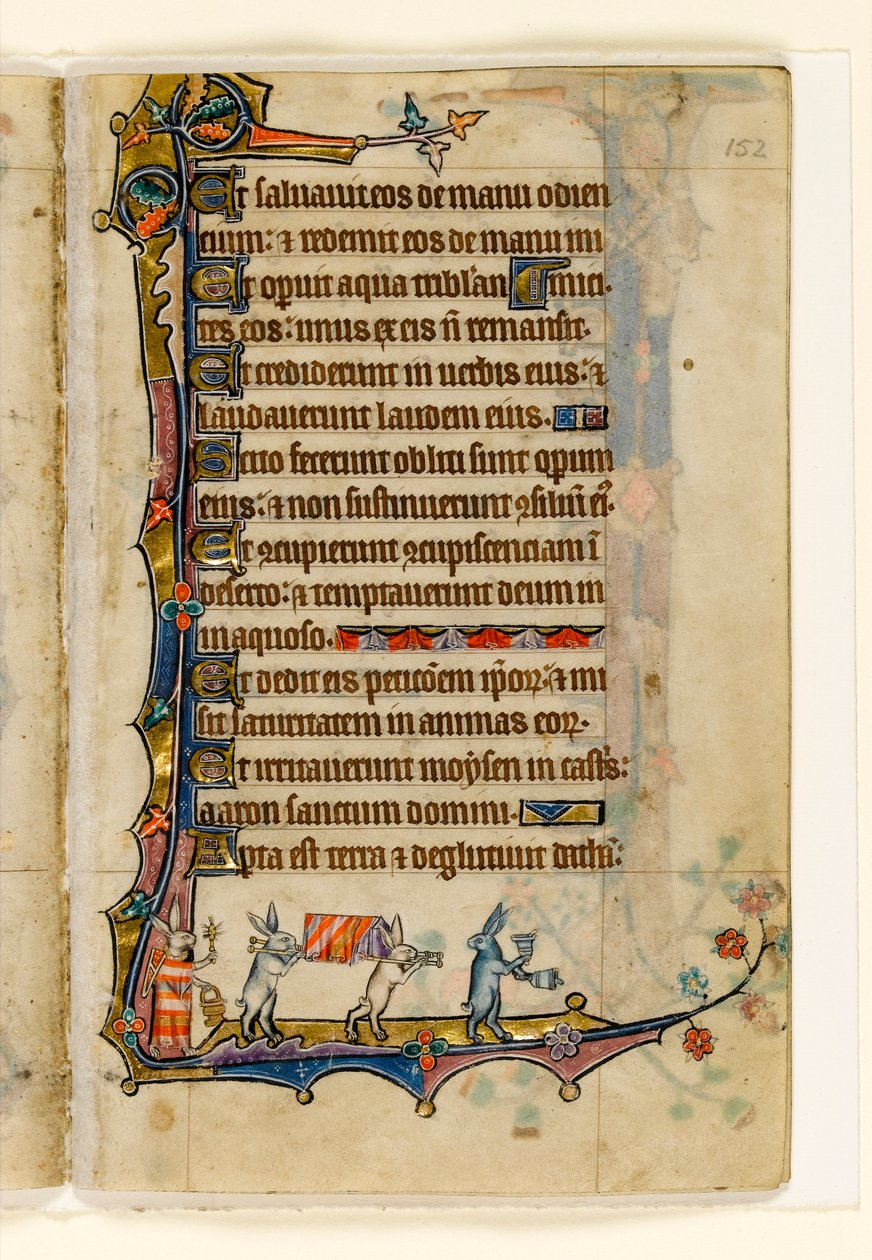 MS 1-2005, fol. 152r: A Rabbit Funeral Procession, marginaldekoration från Macclesfield Psalter, Use of Sarum, East Anglia, ca 1330 av English School