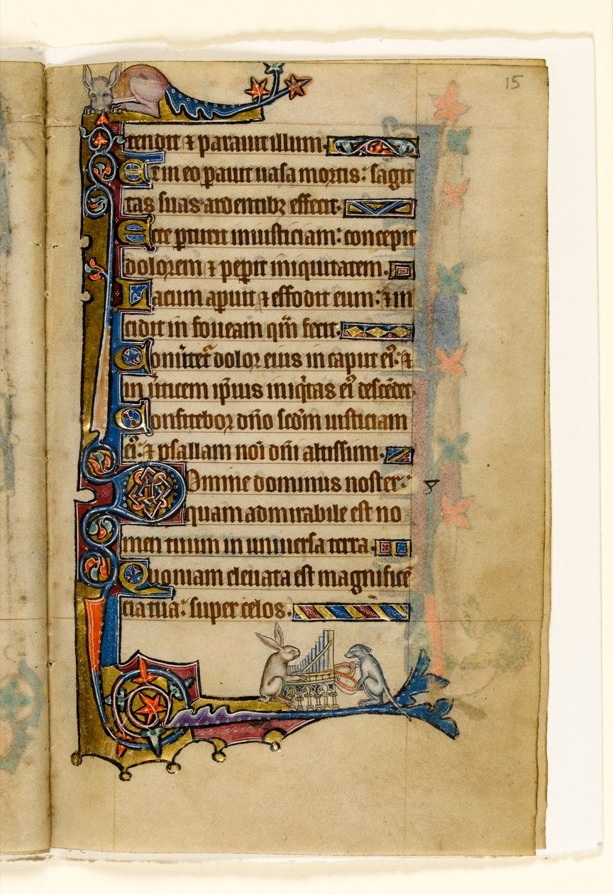 MS 1-2005, fol. 15r: En hare och en hund spelar en orgel, marginaldekoration från Macclesfield Psalter, Use of Sarum, East Anglia, c.1330 av English School