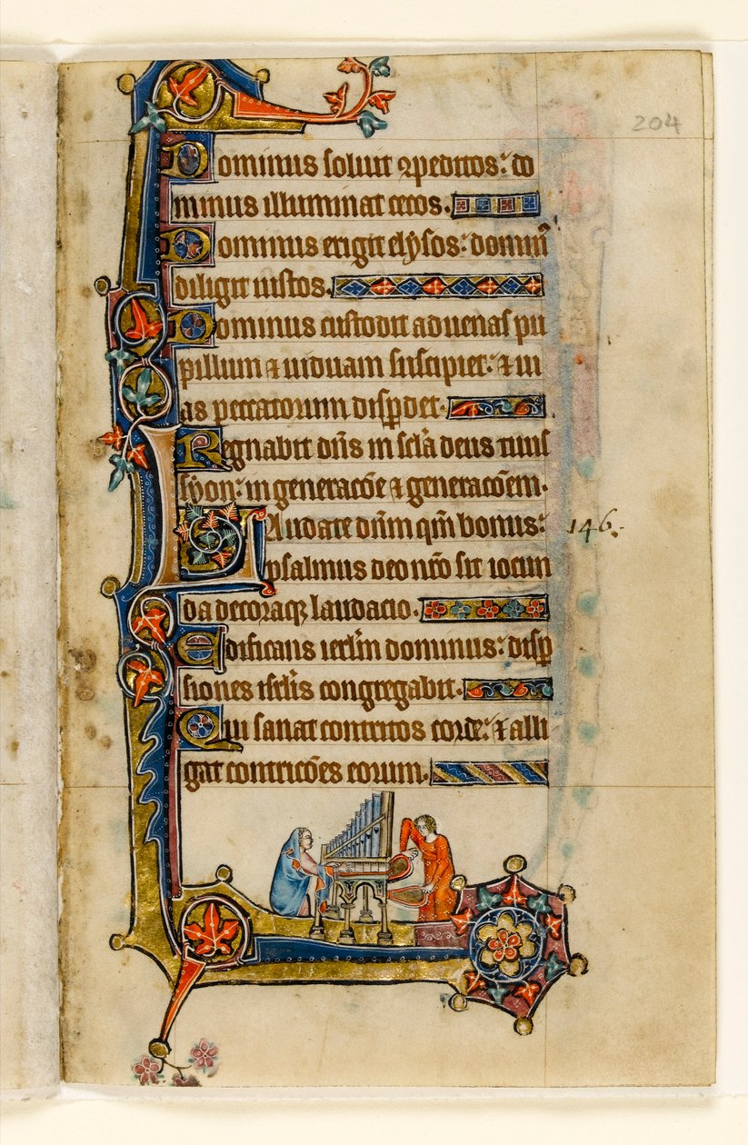 MS 1-2005, fol. 204r: Playing an Organ, marginaldekoration från Macclesfield Psalter, Use of Sarum, East Anglia, ca 1330 av English School