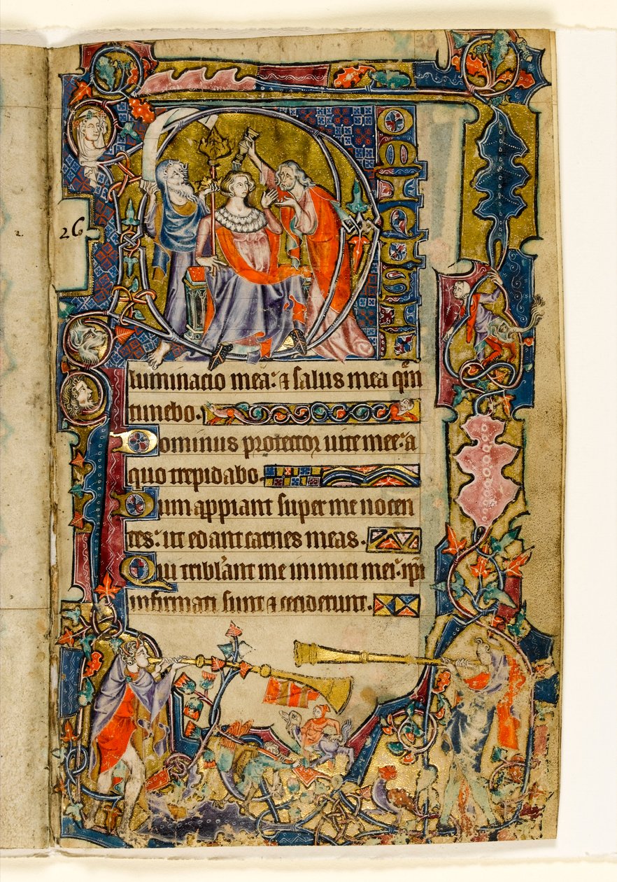 MS 1-2005, fol. 39r: The Anointing of David and Trumpeters, historisk initial från Macclesfield Psalter, Use of Sarum, East Anglia, c.1330 av English School