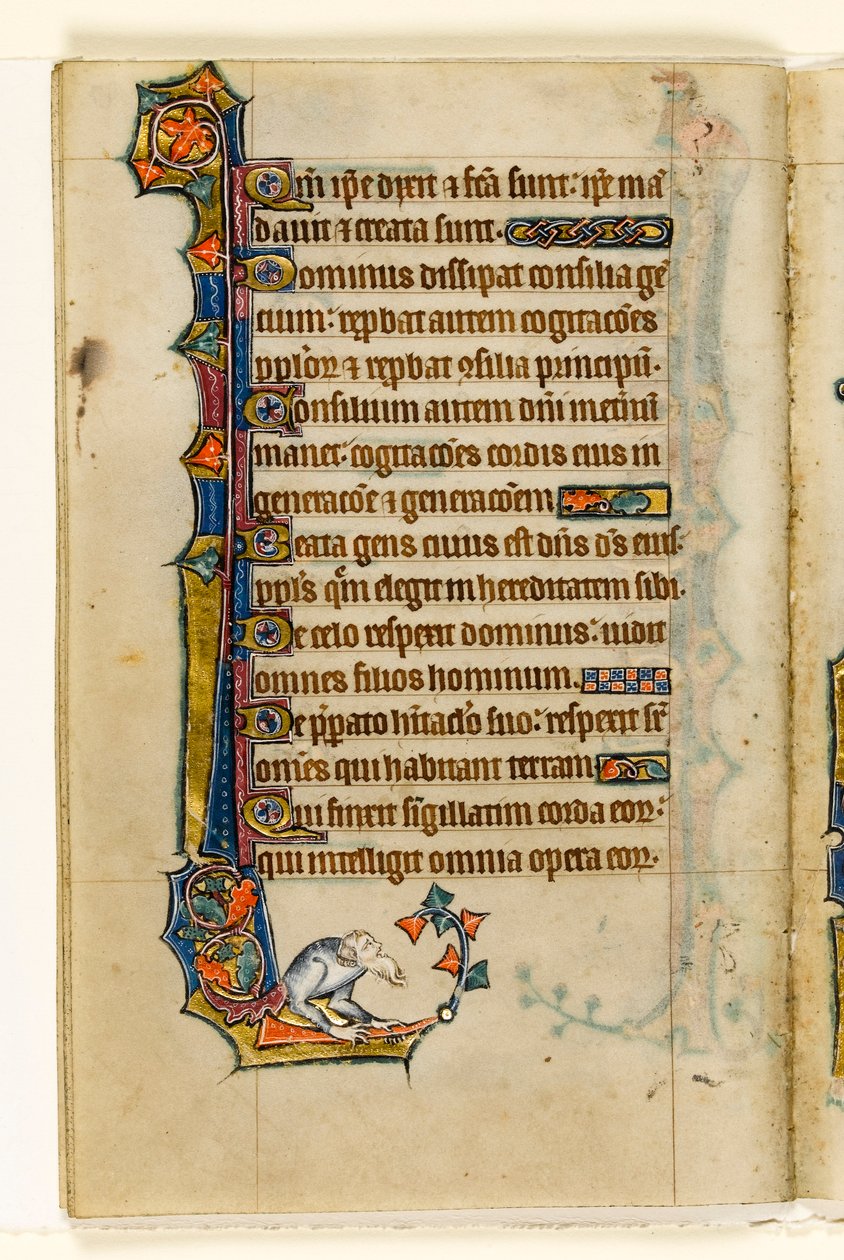 MS 1-2005, fol. 47v: En grotesk, marginell dekoration från Macclesfield Psalter, Use of Sarum, East Anglia, c.1330 av English School