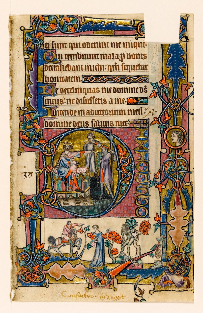 MS 1-2005, fol. 58r: Saul skickar Doeg för att döda prästerna i Nob, historisk initial från Macclesfield Psalter, Use of Sarum, East Anglia, ca 1330 av English School