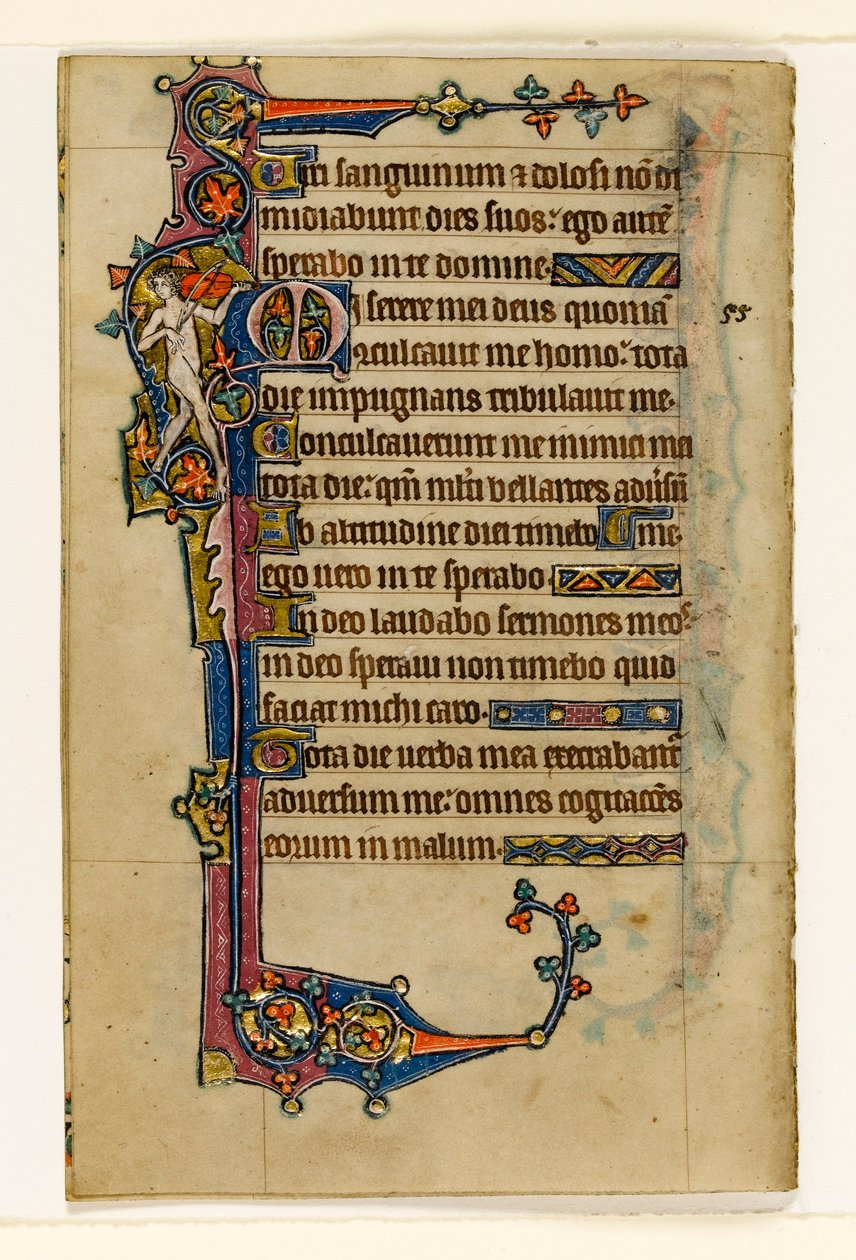 MS 1-2005, fol. 80v: En naken musiker, marginaldekoration från Macclesfield Psalter, Use of Sarum, East Anglia, ca 1330 av English School