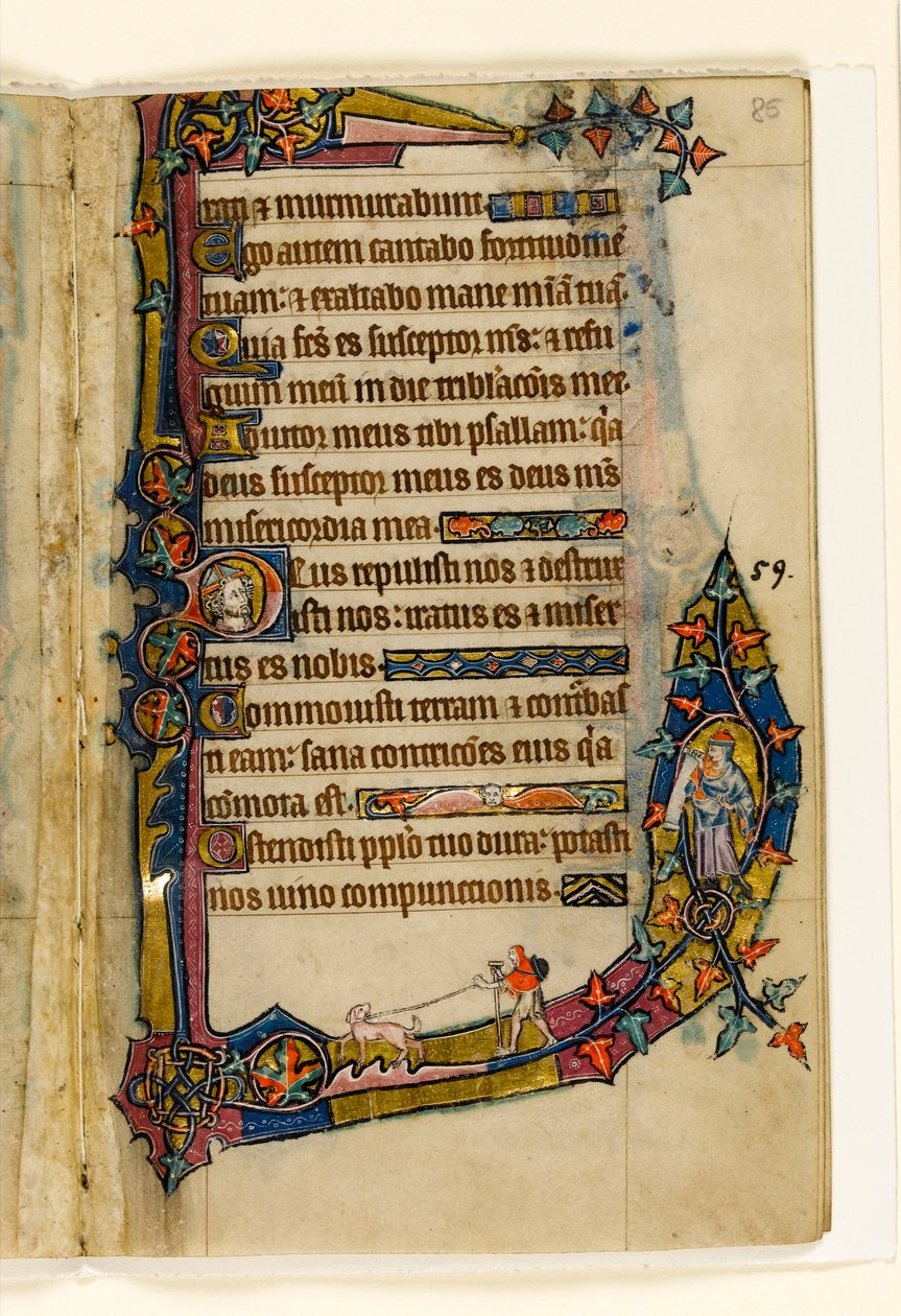 MS 1-2005, fol. 85r: A Penitant with dog, marginell dekoration från Macclesfield Psalter, Use of Sarum, East Anglia, c.1330 av English School