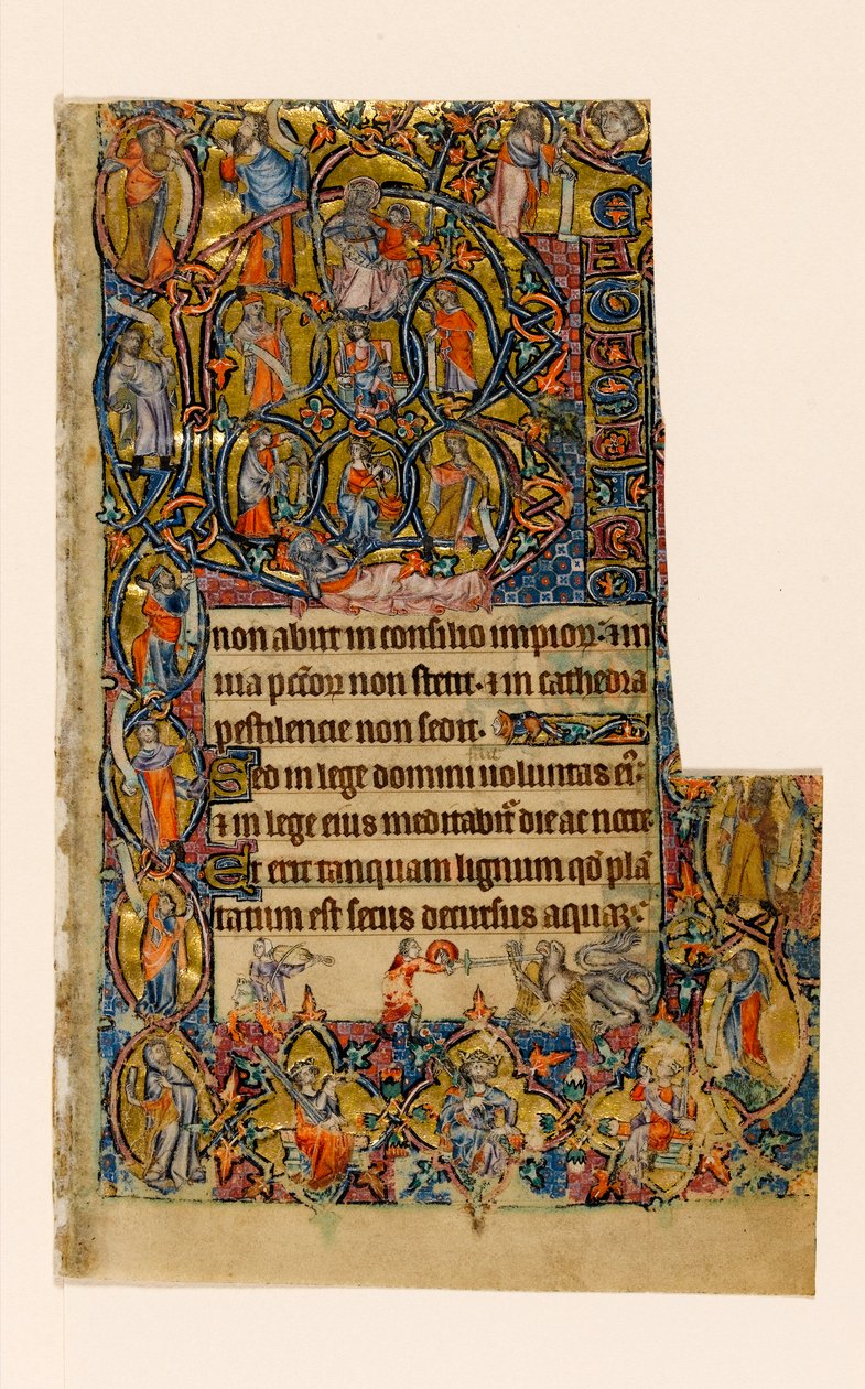 MS 1-2005, fol. 9r: The Tree of Jesse and the Beatus initial gräns med musiker och grotesk strid, från Macclesfield Psalter, Use of Sarum, East Anglia, c.1330 av English School