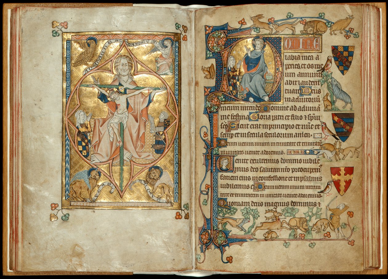 MS 242 f. 28v-29r Barmhärtighetens tron med beskyddare, Kristus välsignelse med en beskyddare, c.1314-30 (bladguld & tempera på pergament) av English School