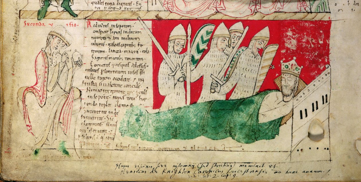 MS CCC 157 s.382 De visioner som kung Henrik I drömde i Normandie 1130, infogade ca 1140 av John av Worcester i den krönika som Florence av Worcester (d.1118) påbörjat ca 1130-40 (pergament) (detalj av 95503) av English School