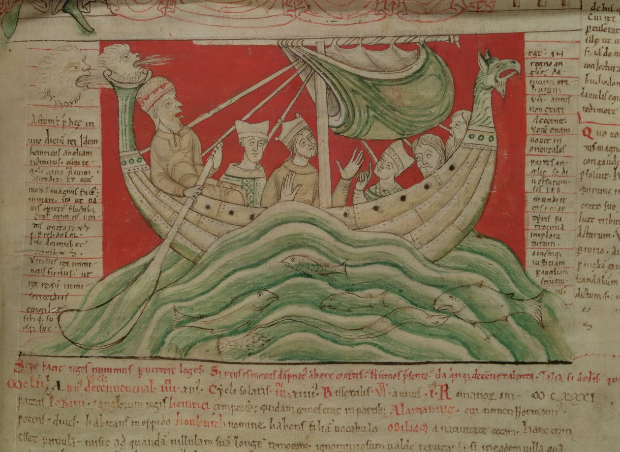 MS CCC 157 s.383 De visioner som kung Henrik I drömde i Normandie 1130, från Worcester Chronicle, c.1130-40 (vellum) (detalj av 95507) av English School