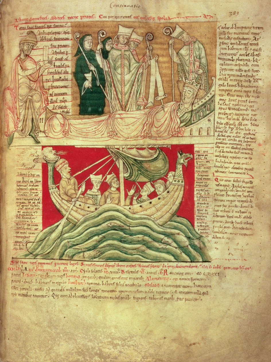 MS CCC 157 s.383 De visioner som kung Henrik I drömde i Normandie 1130, från Worcester Chronicle, c.1130-40 (vellum) infogade c.1140 av John of Worcester i krönikan som påbörjades av Florens av Worcester (d. 1118); en av de tidigaste överlevande kroniska av English School