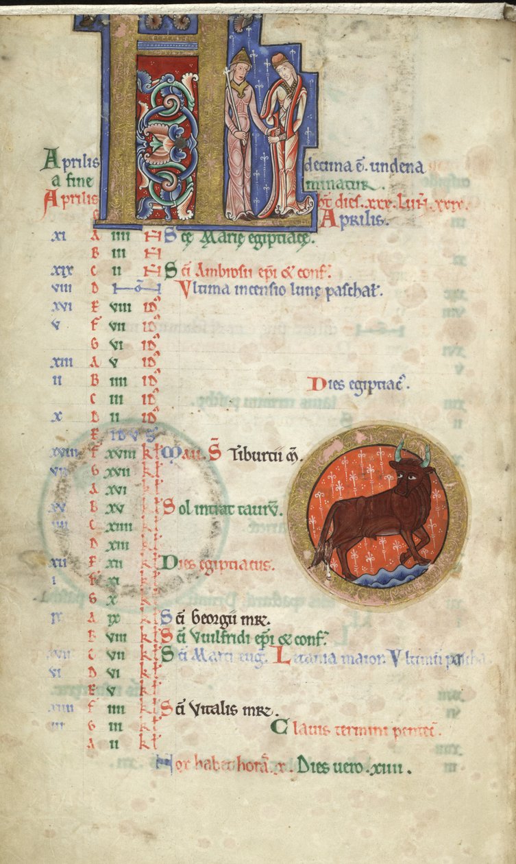 MS Hunter 229 f.2v April, från Hunterian Psalter, c.1170 (penna & bläck, och tempera på veläng) av English School