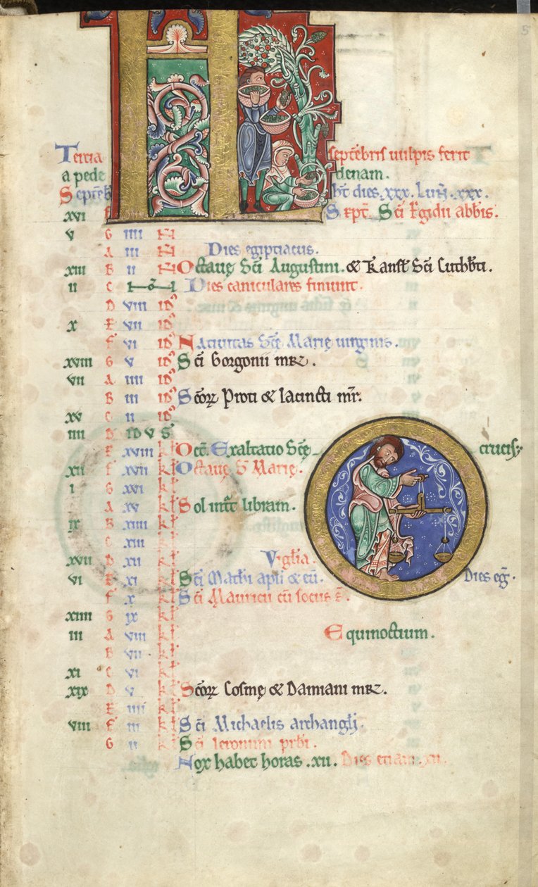 MS Hunter 229 f.5r September, från Hunterian Psalter, c.1170 (penna & bläck, och tempera på veläng) av English School