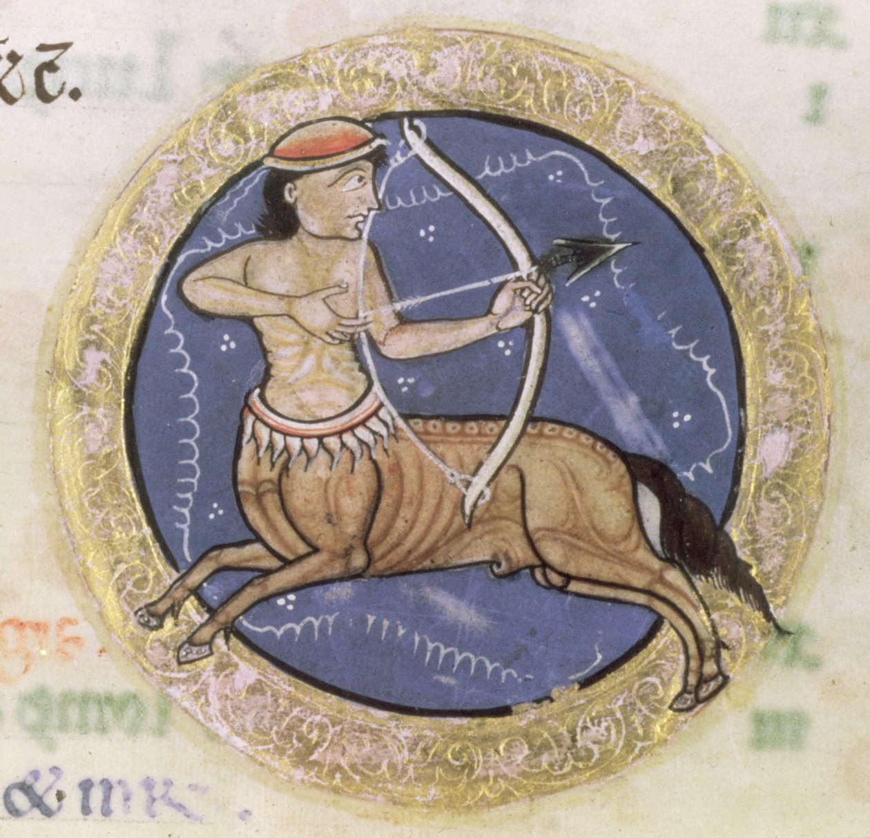 MS Hunter 229 f.6r Skytten, från Hunterian Psalter, c.1170 (penna & bläck och tempera på veläng) (detalj) av English School