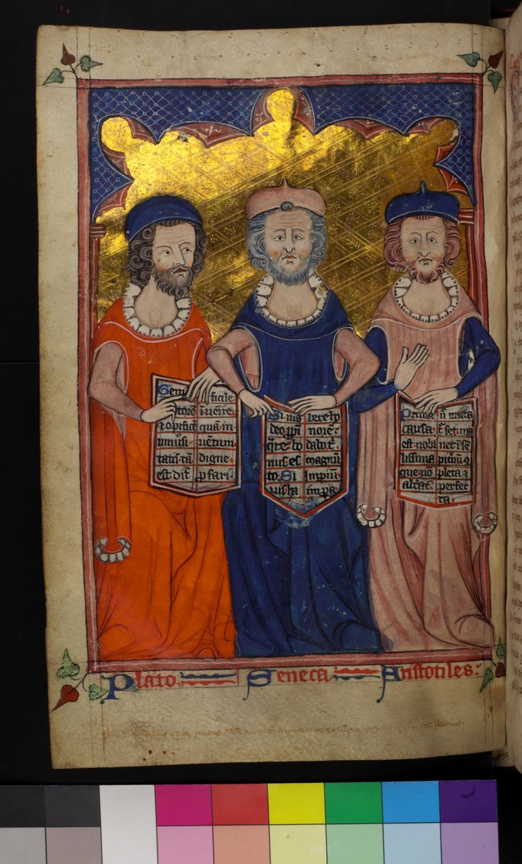 MS Hunter 231 Illustration av Platon, Seneca och Aristoteles (vellum) av English School
