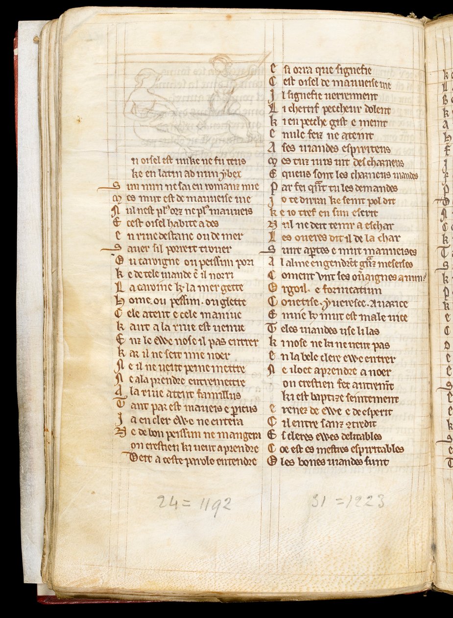 MS McClean 123 f.40v Underritning för en miniatyr som visar en jägare som fångar en enhörning som ligger naken i ett jungfruknä, från The Nuneaton Book, c.1280-1300 (bläck på pergament) av English School