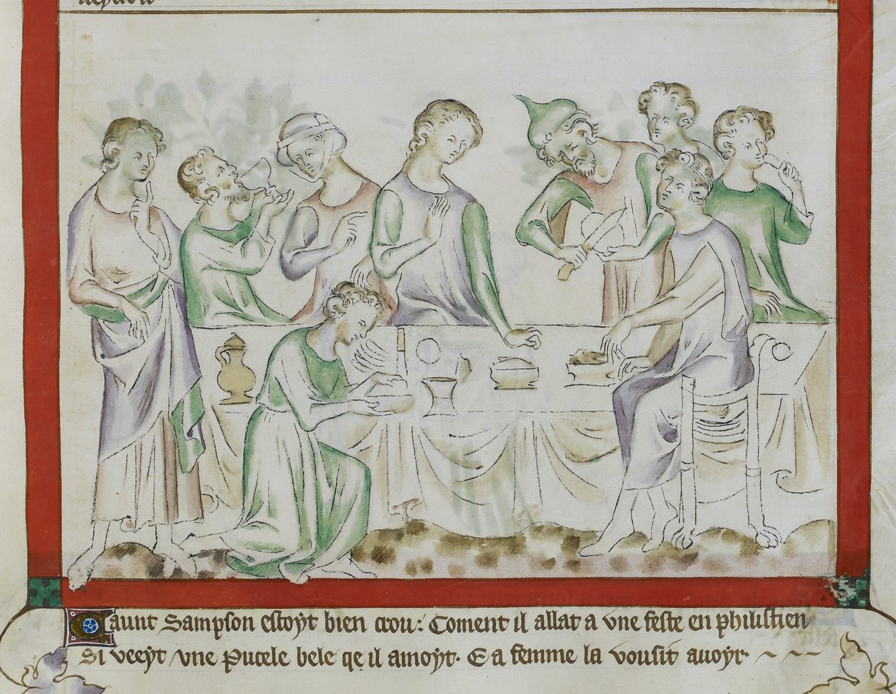 MS Royal 2 BVII, f.43 Möte av Simson och Delila vid en filistinfest, detalj från 