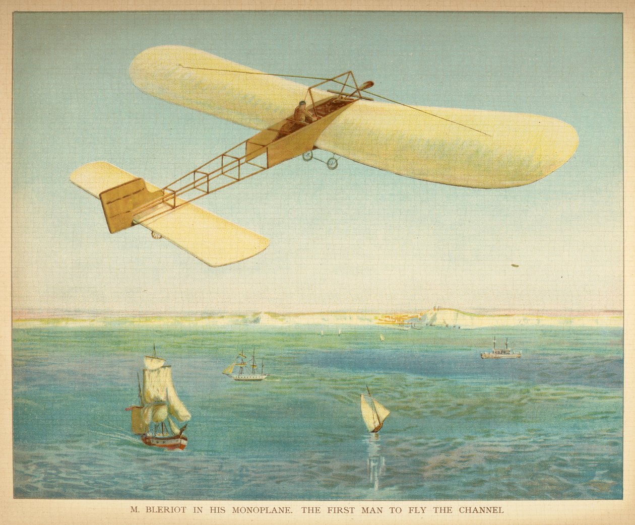 M. Bleriot i sitt monoplan. Den första mannen att flyga kanalen. Lilla folkets bok om luftskepp. London: Ernest Nister, [1912] av English School
