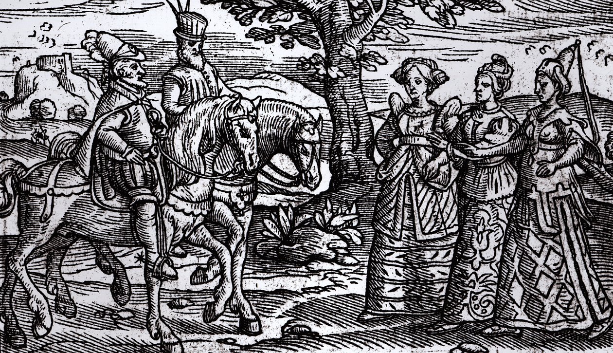Macbeth, Banquo och de tre häxorna, The Historie of Scotlande, 1577, av English School