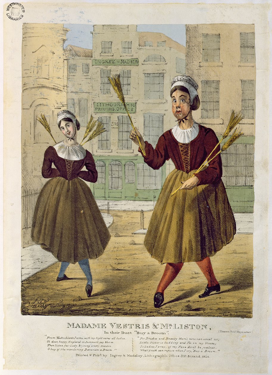 Madame Vestris och Mr Liston i sin Duett Buy a Broom, pub. av Ingrey & Madeley, 1826 av English School