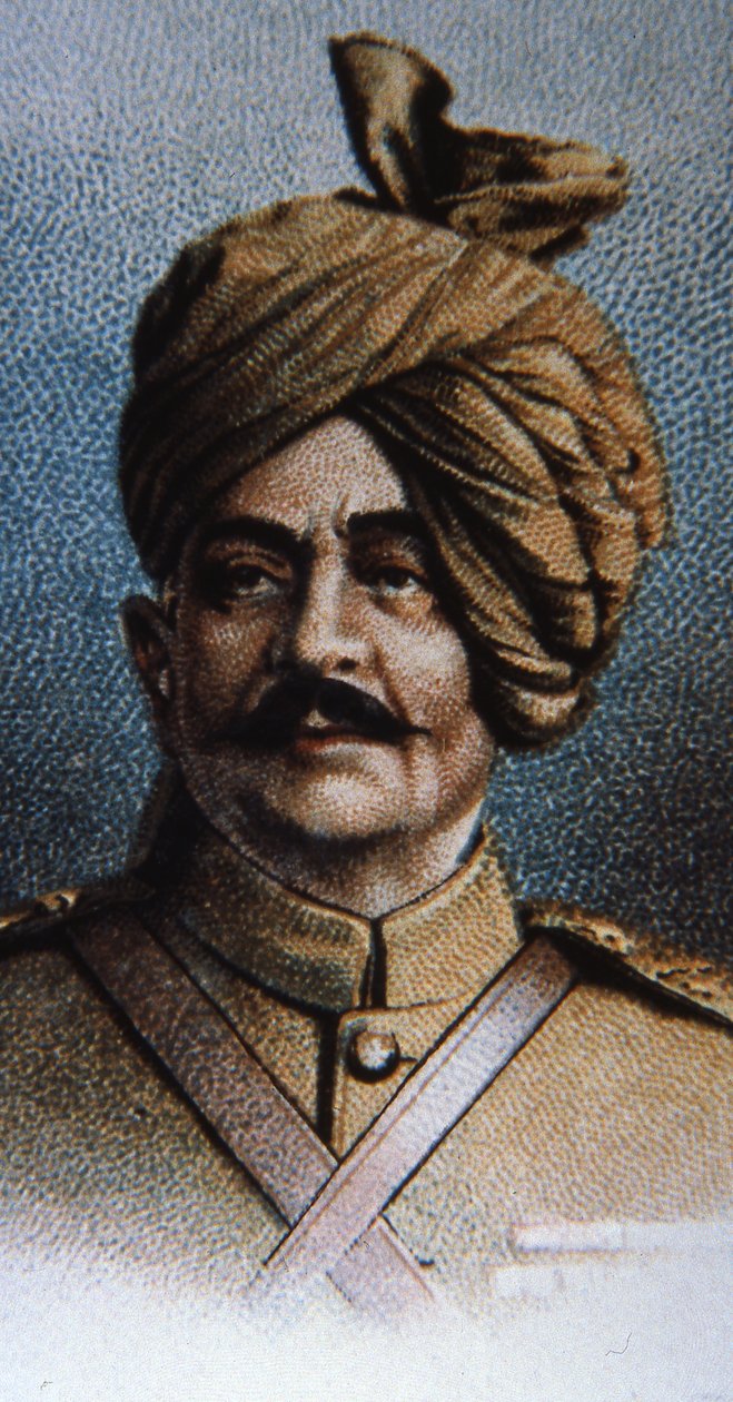 Maharajah Sir Pertab Singh, överste för Jodhpur Lancers (färg litho) av English School
