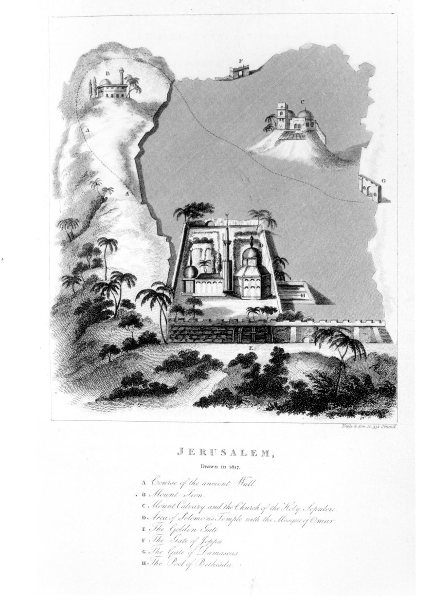 Viktiga landmärken i Jerusalem från evangelieberättelsen, från Letters from Palestine, Descriptive of a Tour through Galilee and Judea av Jolliffe, publicerad 1819 av English School