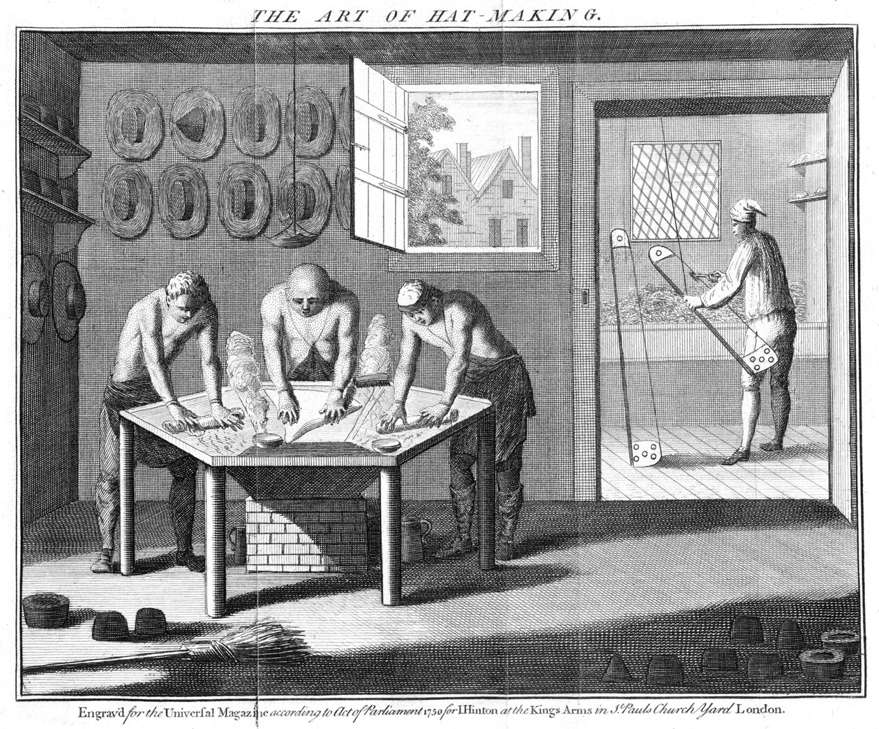 Tillverkar bäverhattar, från The Universal Magazine, London, pub. år 1750 av English School