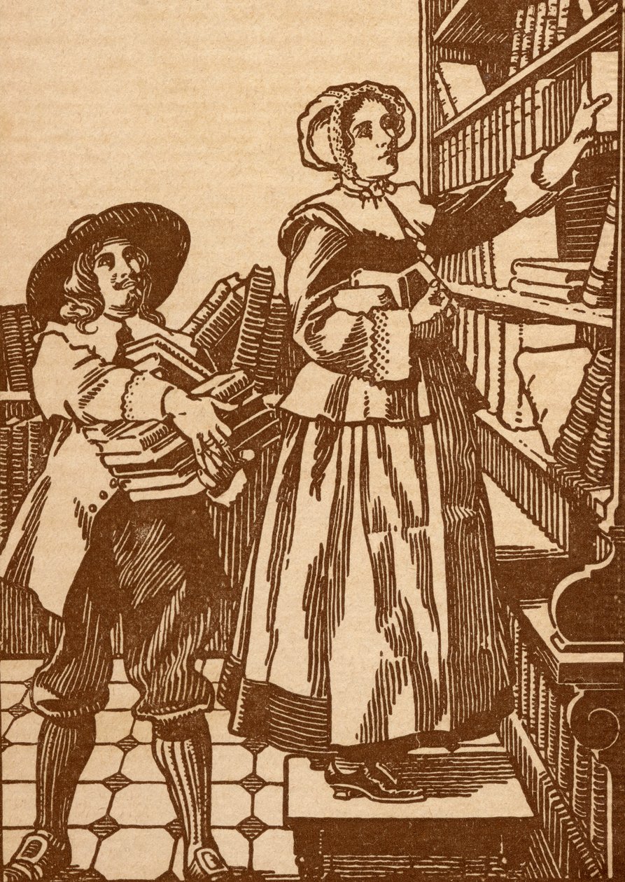 Manliga och kvinnliga bokhandlare som arbetar i en 1600-talsbokhandel (litho) av English School