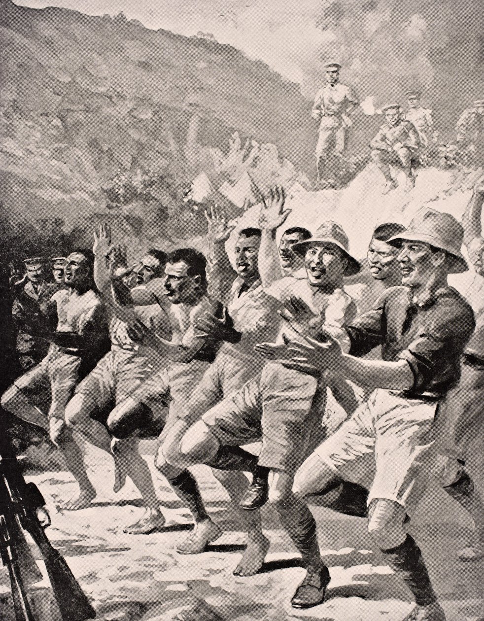 O fitafita Maori e faia se Haka i Gaba Tepe i le Gallipoli Peninsula Turkey 1915, mai le 