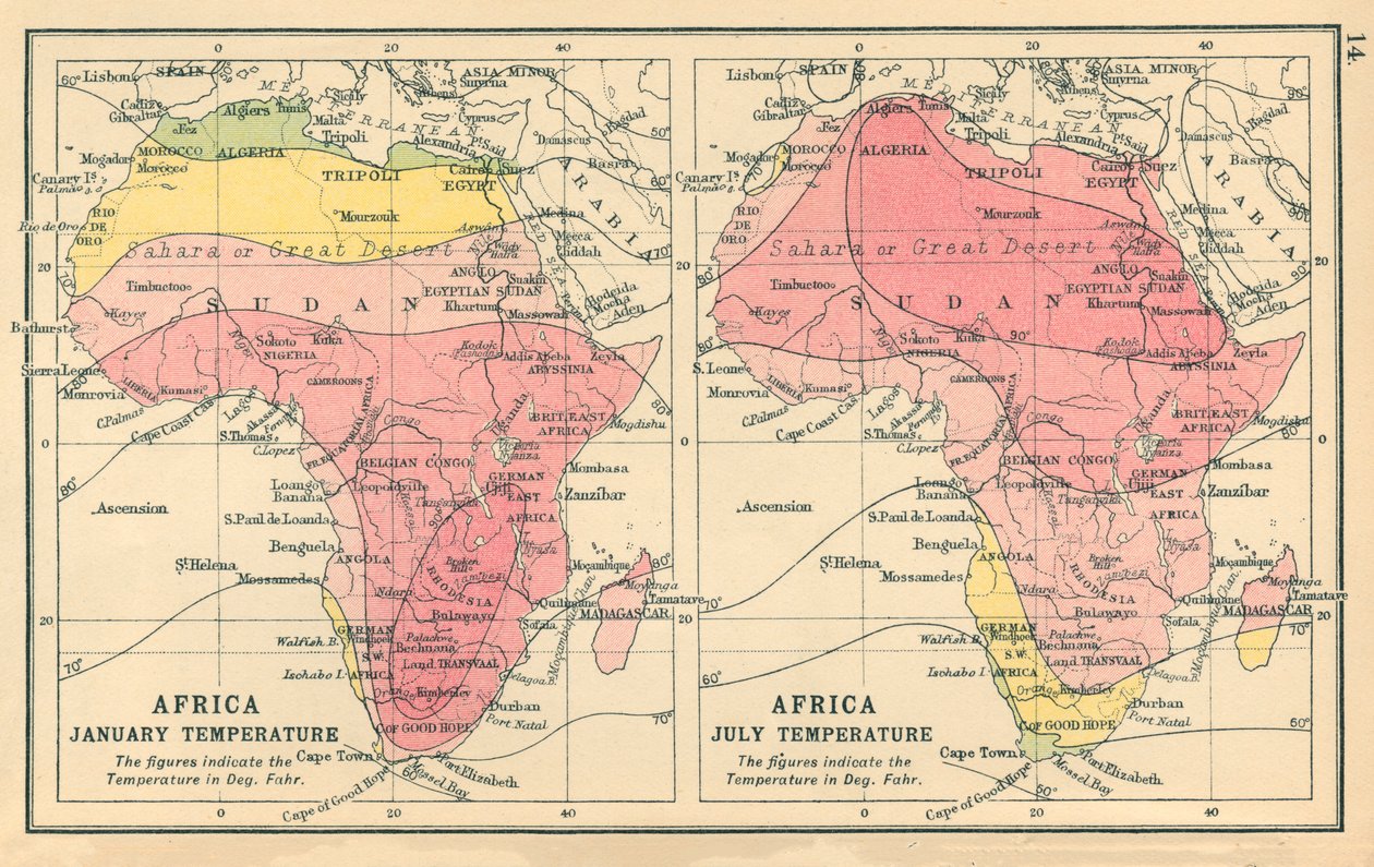 Karta över: Afrika, januari-temperatur, juli-temperatur (färglitografi) av English School