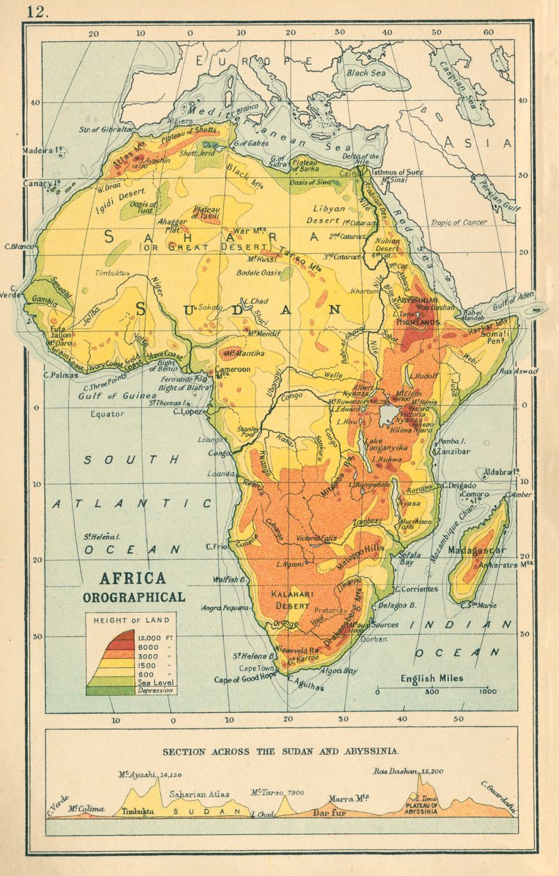 Karta: Afrika Orografisk (färglitografi) av English School