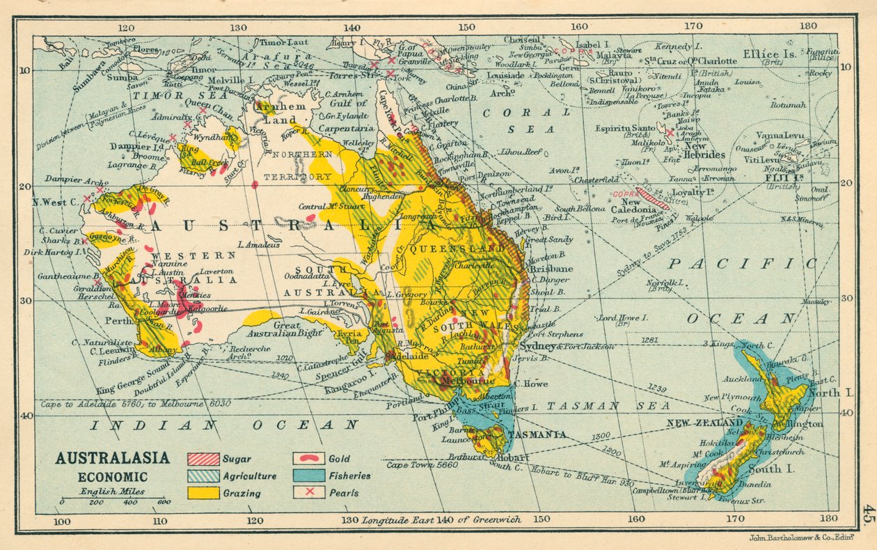 Karta: Australasien, Ekonomisk (färglitografi) av English School