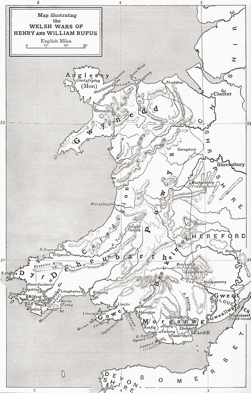 Karta som illustrerar William Rufus och Henry I:s walesiska krig, från "A Short History of the English People" av J. R. Green, publicerad 1893 av English School