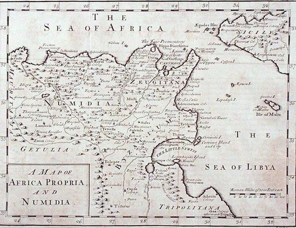 Karta över Afrika Propria och Numidia (moderna Tunisien och Algeriet) sent 1700-tal (gravyr) av English School