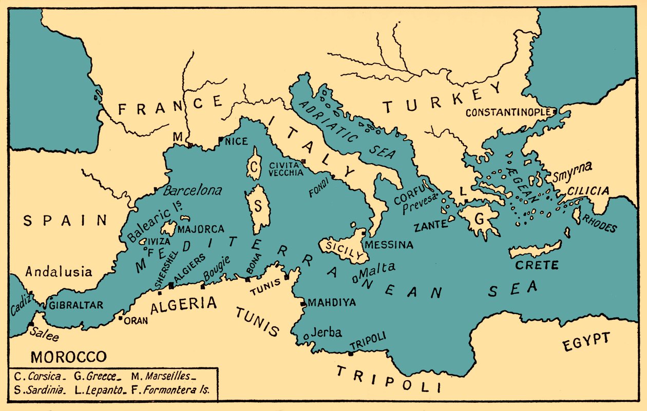 Karta över forntida sjöröveri och Barbareskets korsarer, från "History of Piracy" av Philip Gosse av English School
