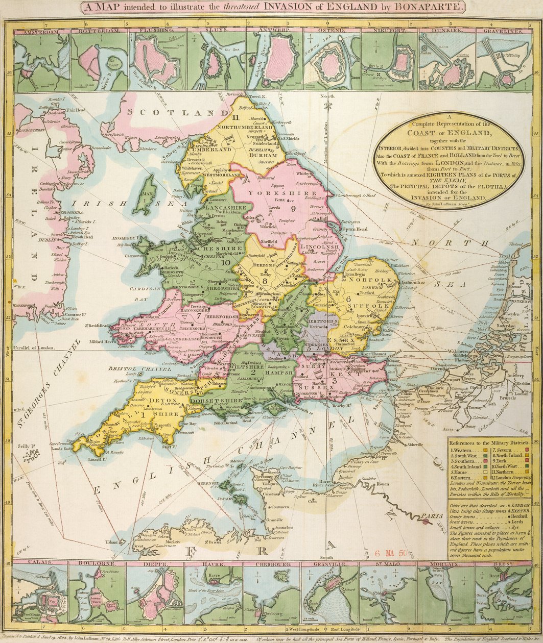 Karta över Storbritannien, som illustrerar den hotade invasionen av Napoleon Bonaparte (1769-1821) 1803 (färg litho) av English School