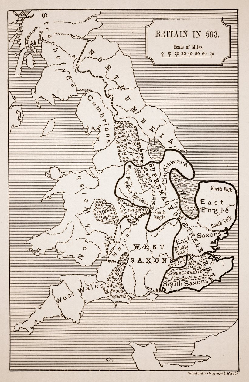 Karta över Storbritannien 593, tryckt av Stanfords Geographical Establishment av English School