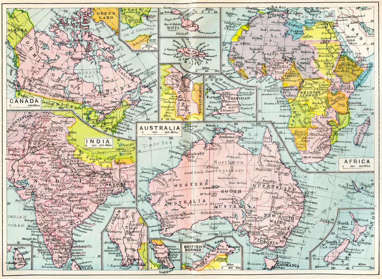 Karta över brittiska ägodelar 1914 vid utbrottet av första världskriget, från The British Empire Universities Modern English Illustrated Dictionary, pub.1914 av English School
